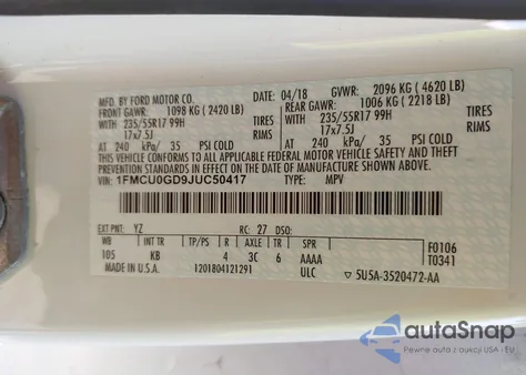 2018 Ford Escape Se z USA, uszkodzony, nr VIN 1FMCU0GD9JUC50417